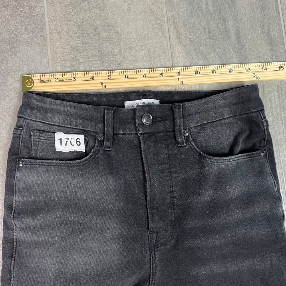 Good American Size 6 Black Distressed Raw Hem Good Waist Skinny Jeans - Picture 4 of 10